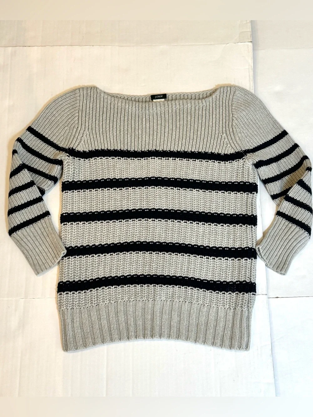 J.Crew Boatneck Sweater XS Light Gray Navy Stripe Cotton Chunky Knit Coastal